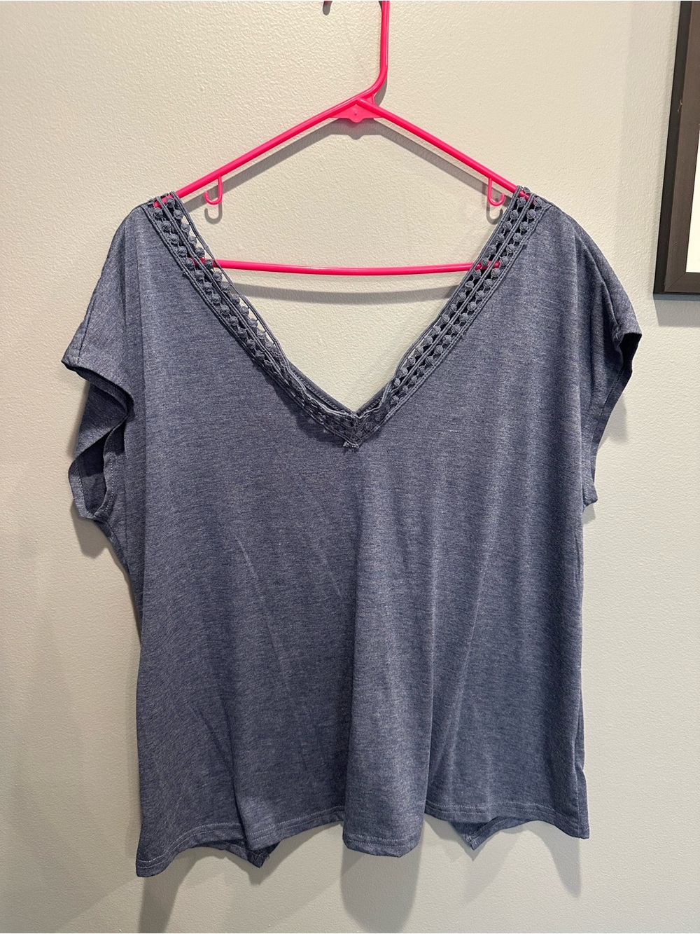 SHEIN Blue V-Neck Short Sleeve Tee with Lace Detail